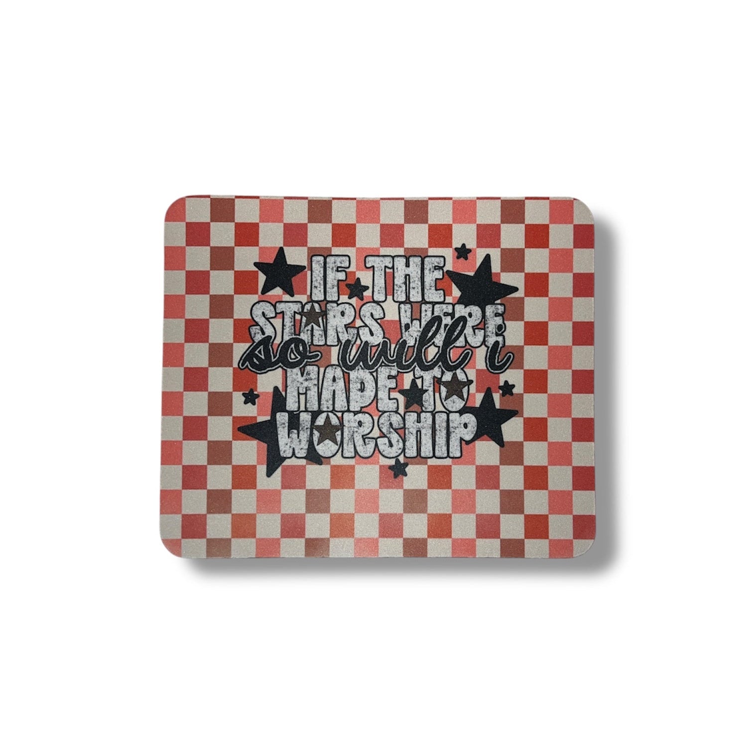 Checkered mousepad with text and star designs on a white background