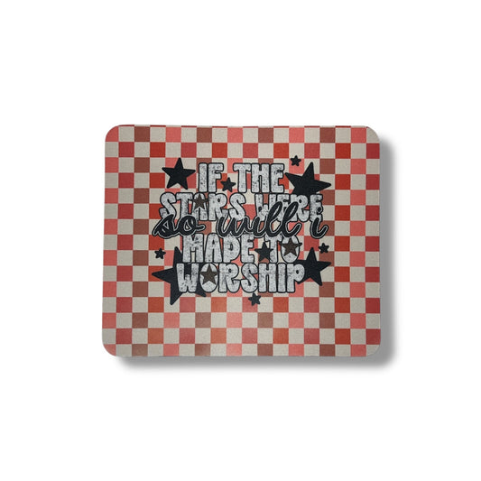 Checkered mousepad with text and star designs on a white background